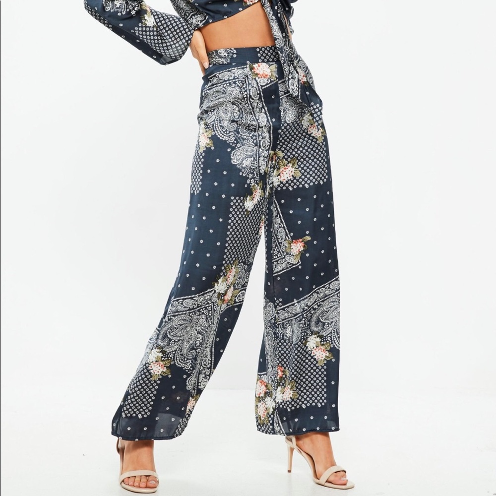 Satin Blue Scarf wideleg pants